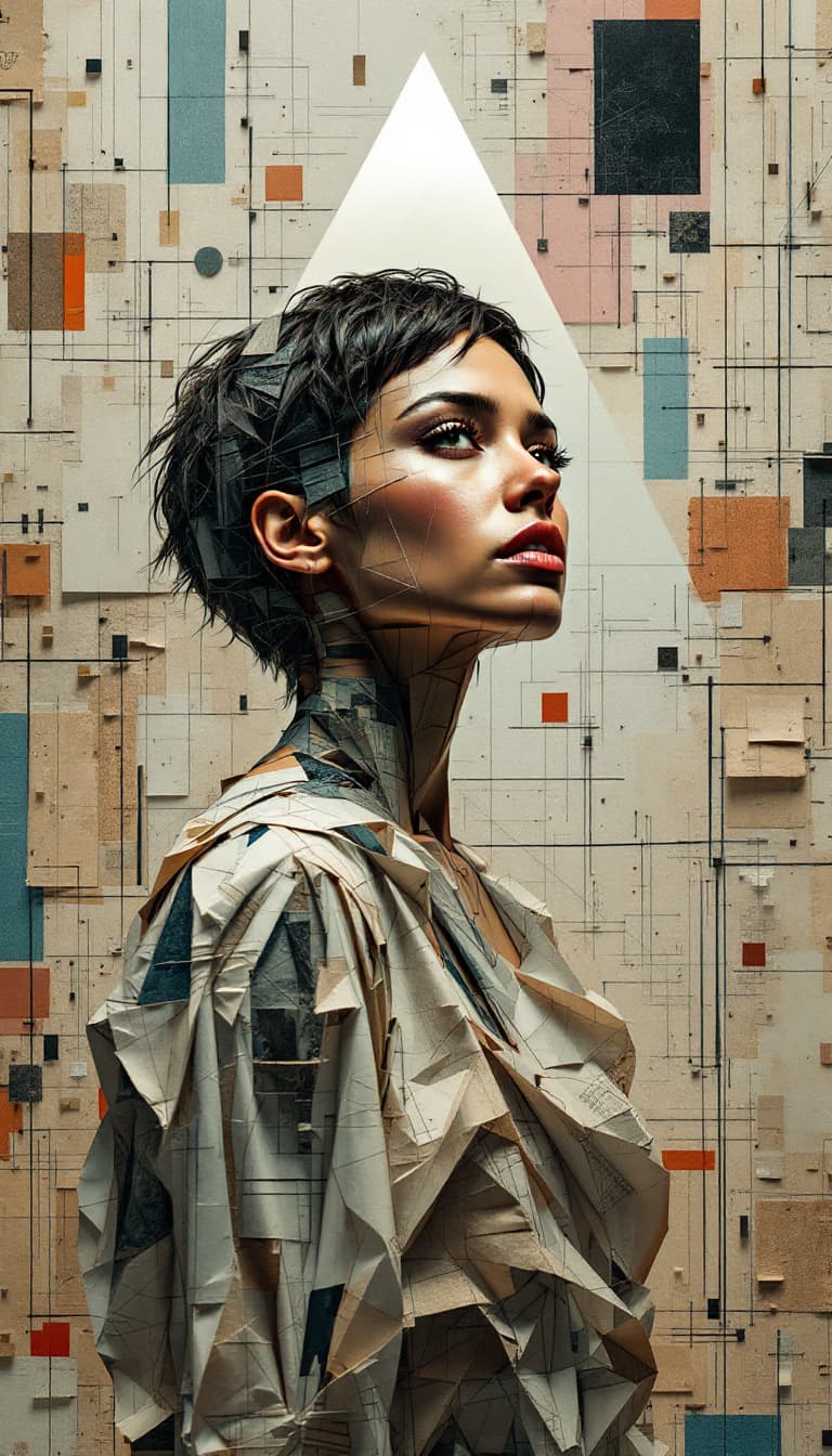 AI generated: Super detailed high-quality 8K An elaborate abstract collage made entirely of thinly torn and twiste...