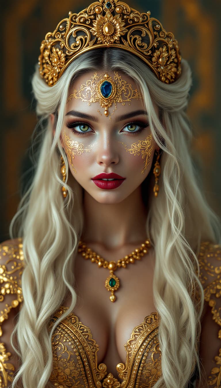 AI generated: Beautiful, long hair, woman with skin made entirely of intricate gold filigree texture, regal look, ...