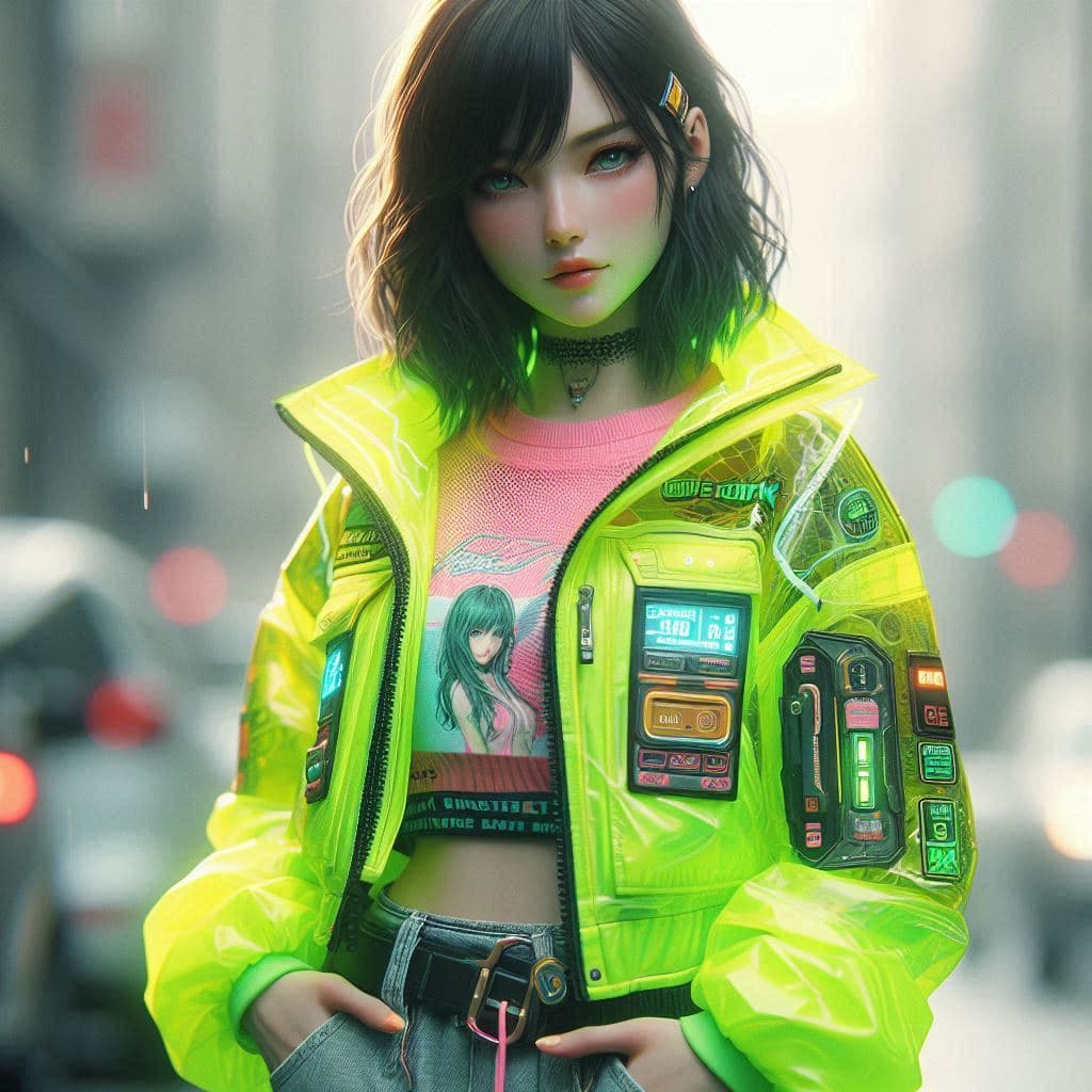 AI generated: an image of a woman in a neon jacket standing somewhere, in the style of ross tran, gadgetpunk, stre...