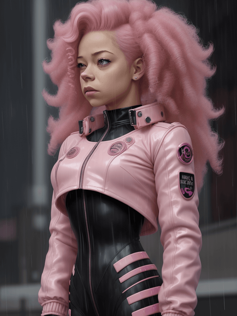 AI generated: a woman with pink hair standing in the rain, ((Tatiana Maslany)), wearing a (crop jacket), on top of...