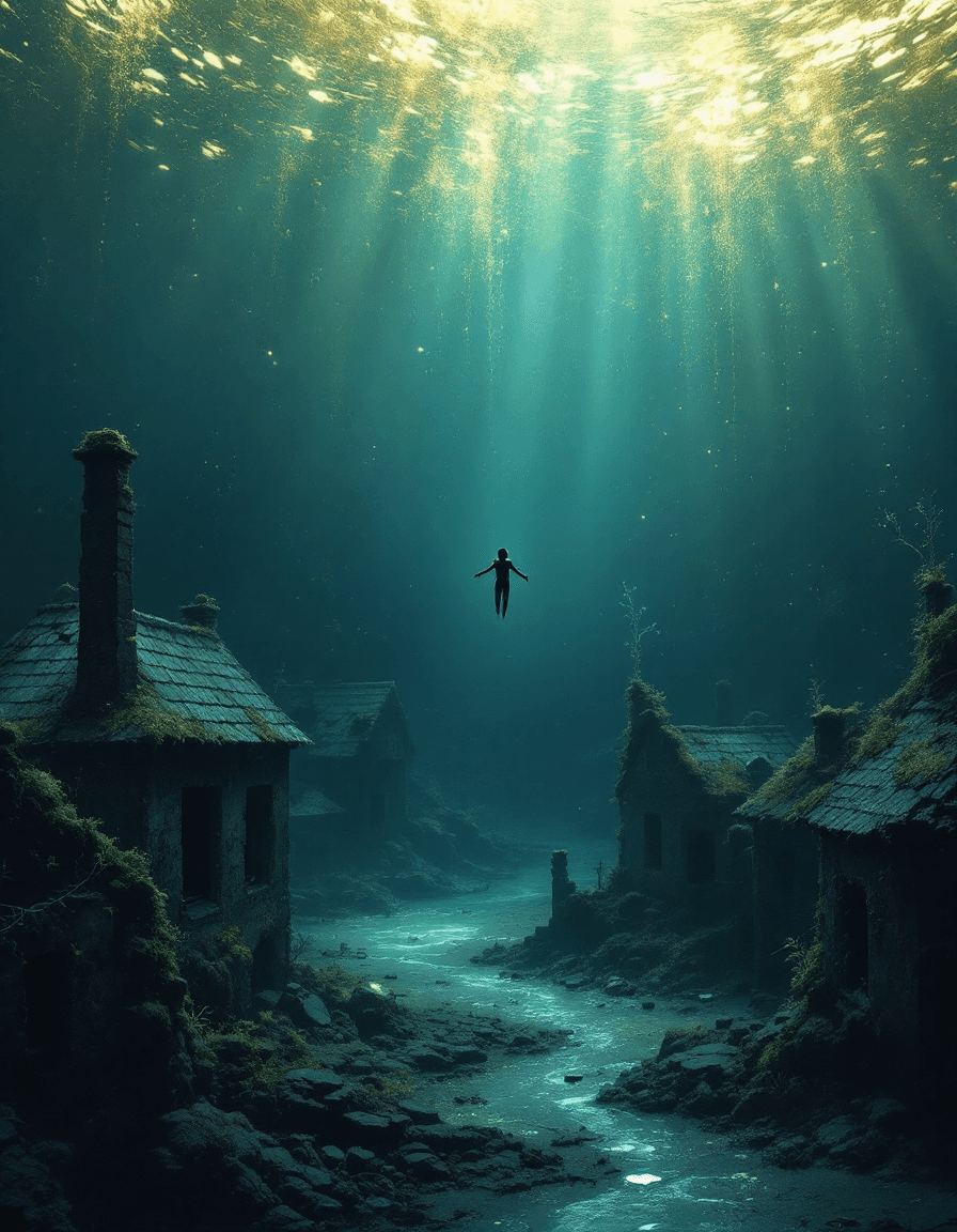 AI generated: Beneath a vast, melancholic ocean, the shimmering ruins of a once-beautiful village rest quietly on ...