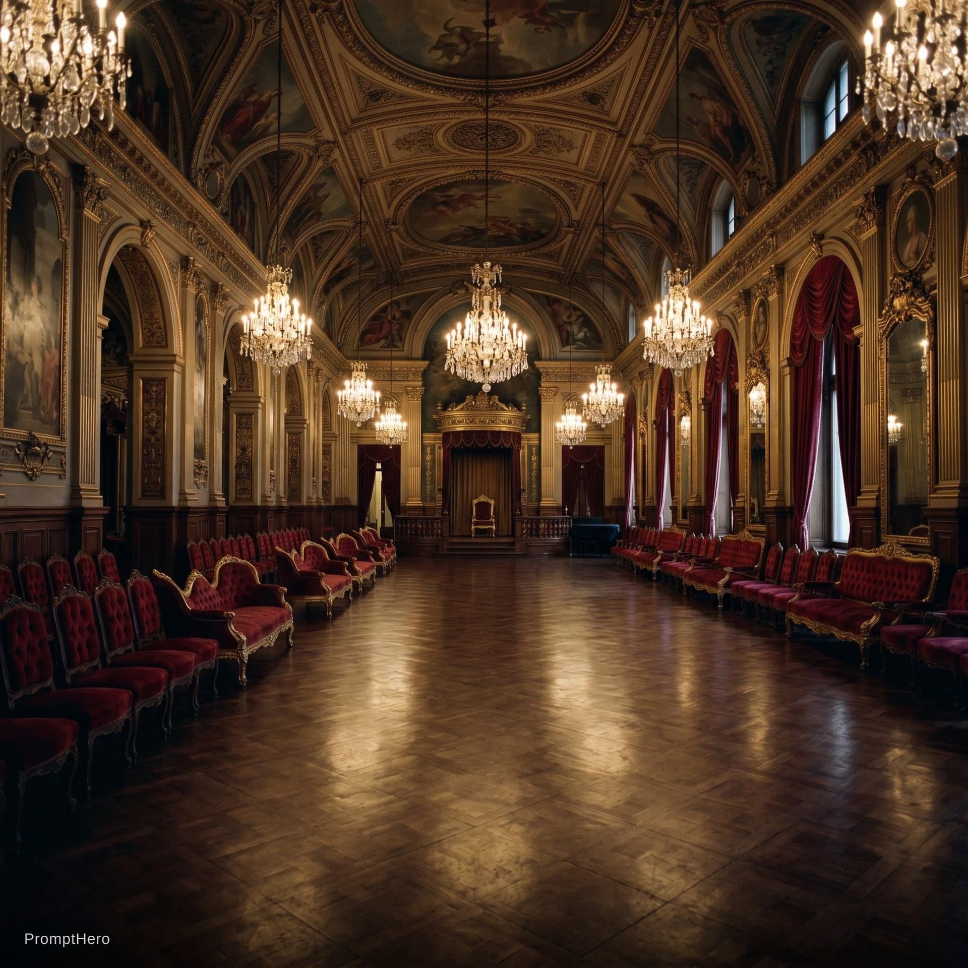 AI generated: Create a large and opulent room like in Eyes Wide Shut. The Room is empty of guests but velvet chair...