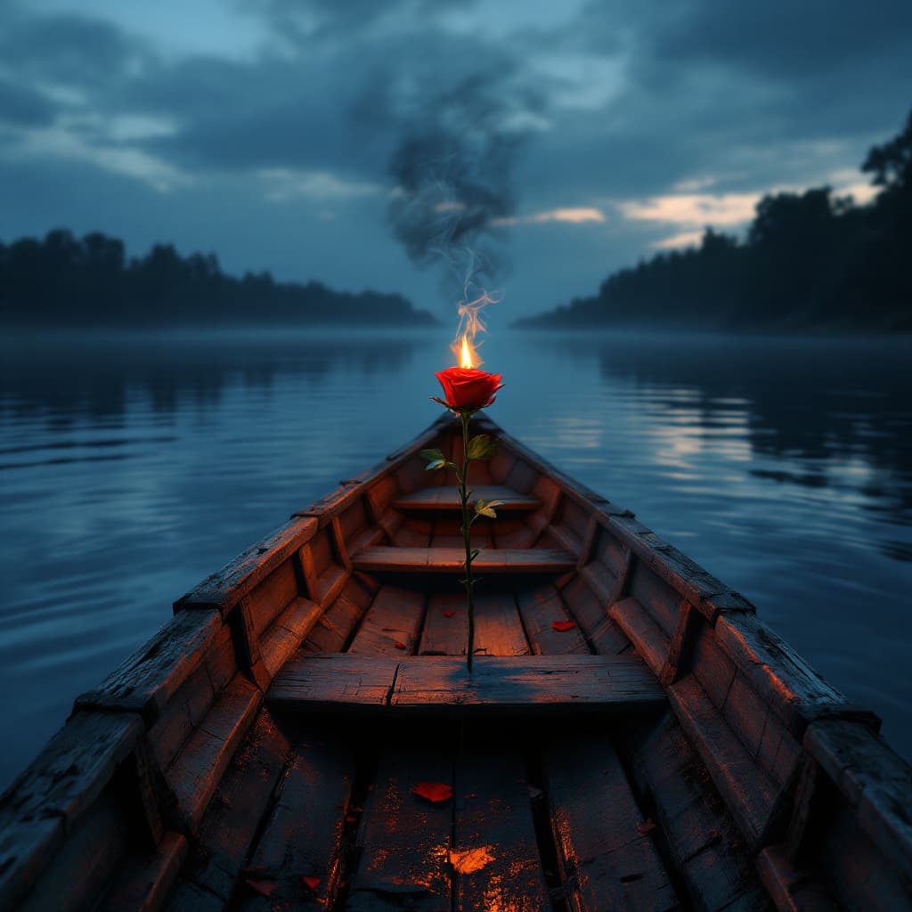 AI generated: A hyper-realistic cinematic still of a small, weathered wooden boat drifting alone on a tranquil riv...