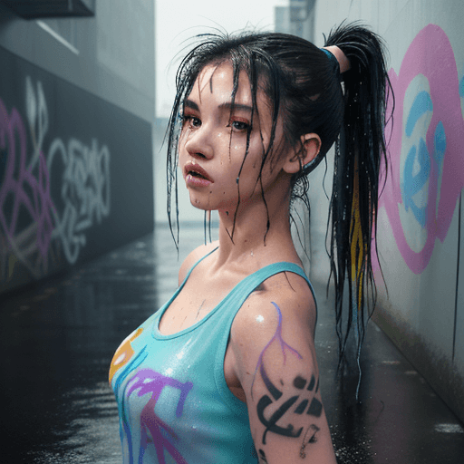 AI generated: masterpiece, concept art, centered, wide shot, front view, 1girl, wet, (rain, night) , body tattoo, ...