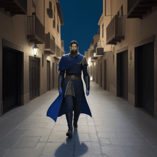 AI generated: hombre medieval de espalda caminando hacia una ciudad futrista, runas, palabras griegas, con tonos a...
