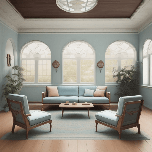 AI generated: High resolution photography interior design, dreamy sunken living room conversation pit, wooden floo...