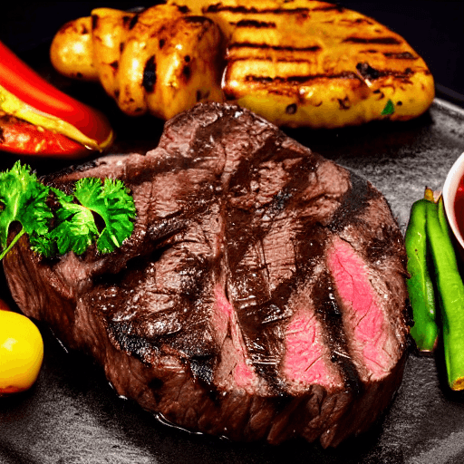 AI generated: yummy beef grill steak, food photograph, food styling, long shot, lens 85 mm, f 11, studio photograp...
