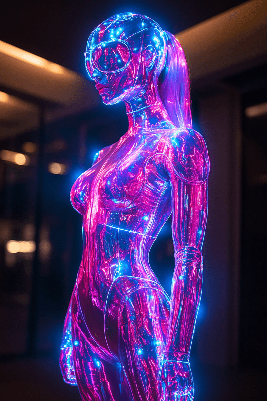 AI generated: A futuristic, translucent mannequin with a sleek, athletic form, illuminated by vibrant, neon blue a...