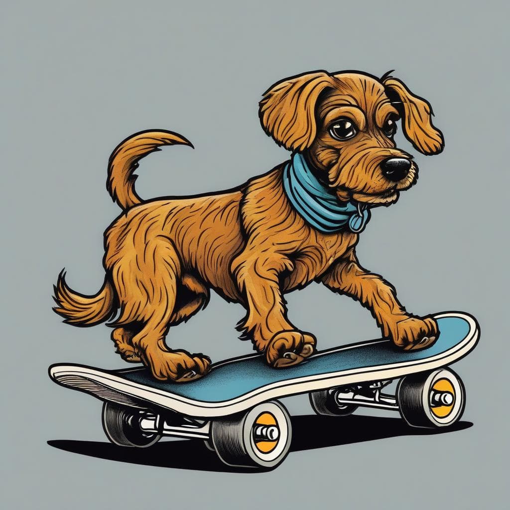 AI generated: A dog skateboarding, cartoon sketch, tee-shirt logo
