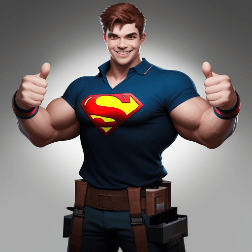 AI generated: High resolution character design from young electricist and full body, smiling, with left hand thumb...