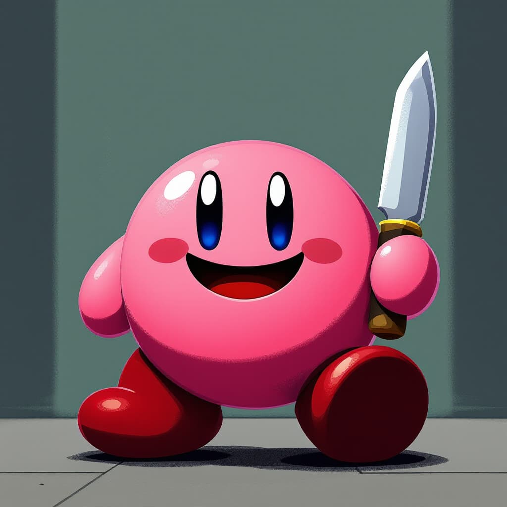 AI generated: Moderno Kirby with a knife Smile no 8 bits look front


