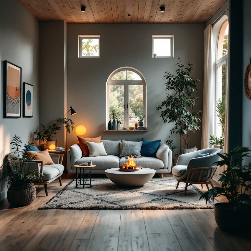 AI generated: High resolution photography interior design, dreamy sunken living room conversation pit, wooden floo...
