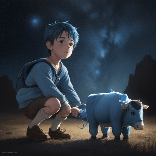 AI generated: Children’s drawing of a cute blue boy with a blue cute cow traveling the starry sky, dramatic light,...
