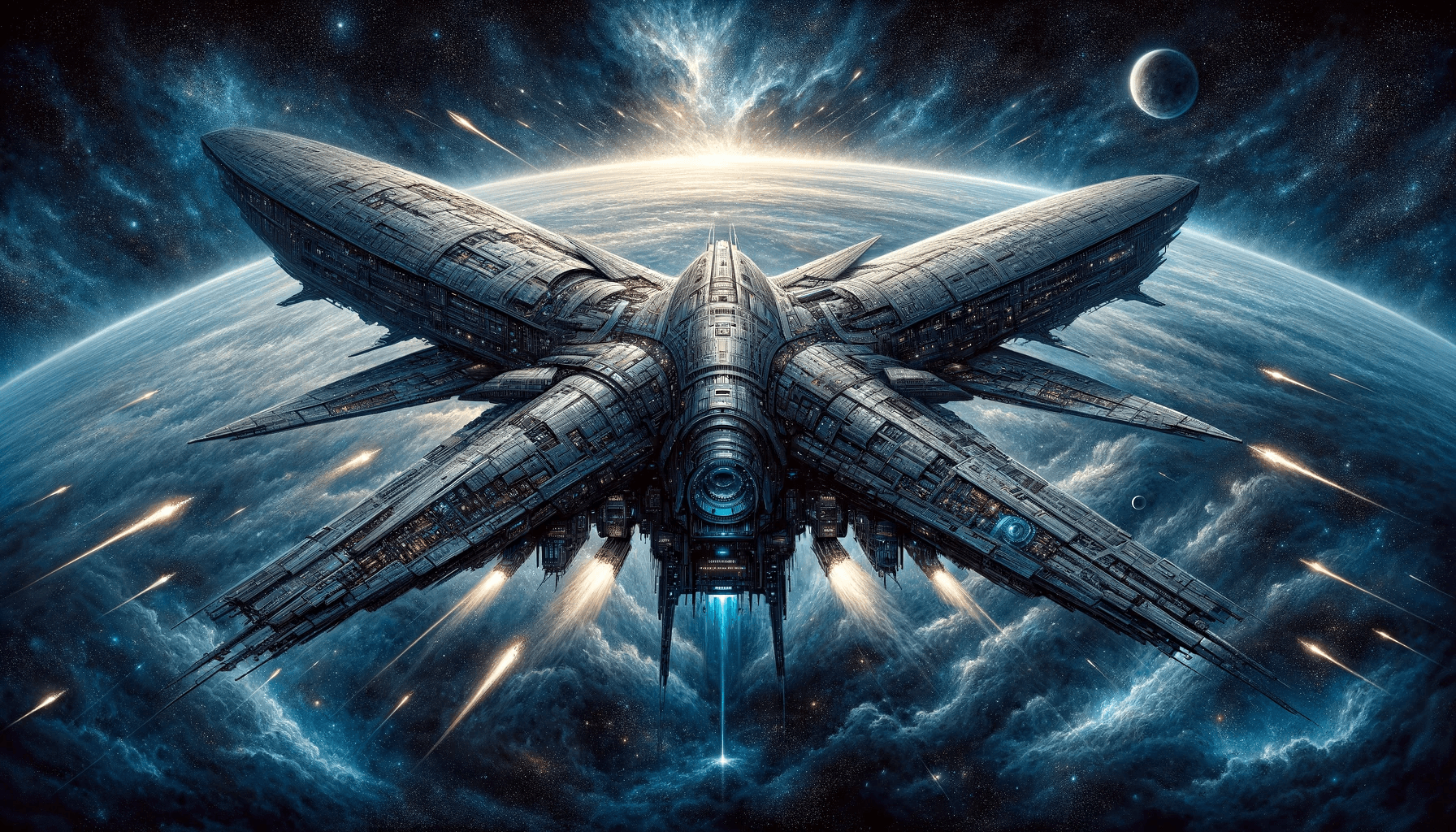 AI generated: An intricate and beautiful image of a large spaceship, 1 kilometer long, named "New Genesis." This s...