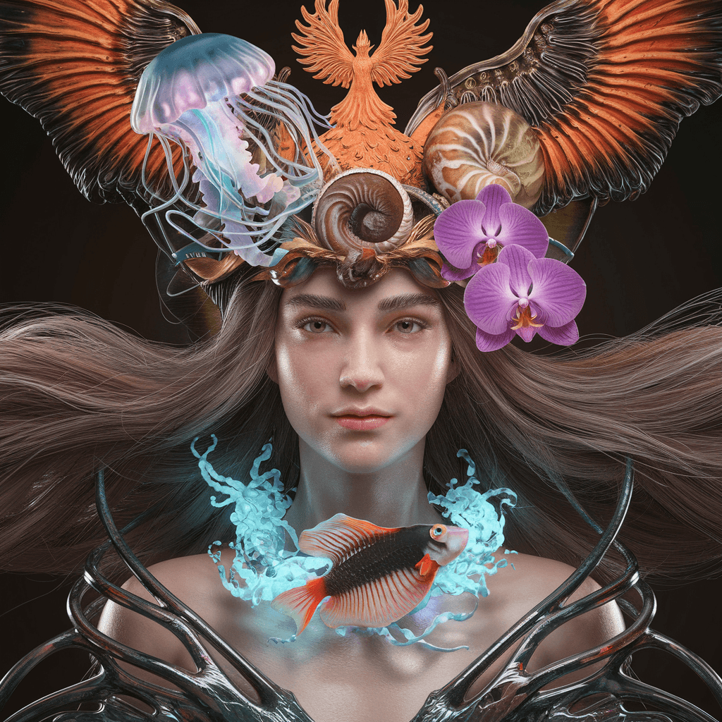 AI generated: (Julia Ann:1.5), 2015, Goddess close-up portrait ribcagel. jellyfish phoenix head, nautilus, orchid,...