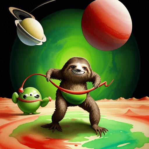 AI generated: photo with an abstract background in water color on a red planet a sloth battling a green blob alien...