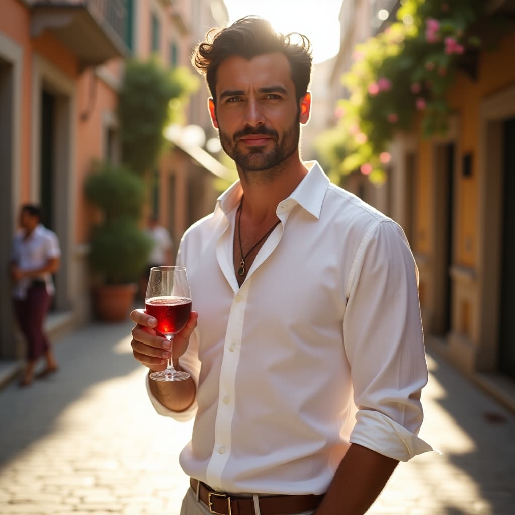 AI generated: An elegant, dark-haired Italian man model, 35 years old, dressed in a white linen shirt with rolled-...