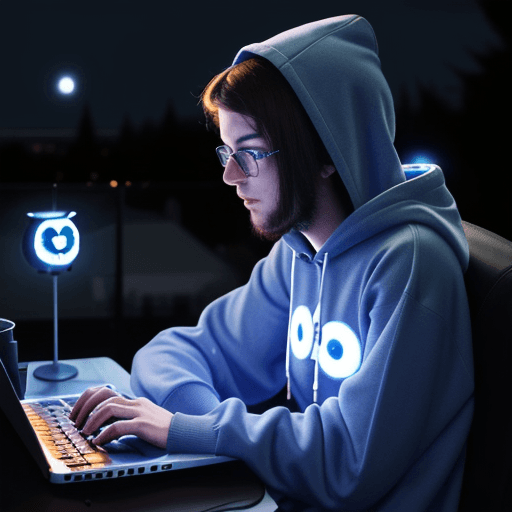 AI generated: Hacker owl wearing a programmer's hoodie working on a laptop under the moon, surrounded by floating ...