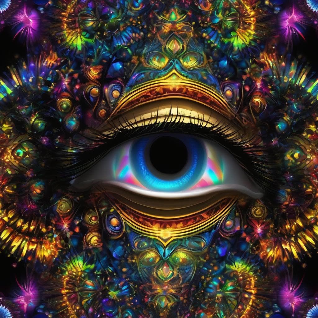 AI generated: Caleidoscope eyes, made from the fractalius effect, intricate, rainbow colors, fractals, glowing spa...