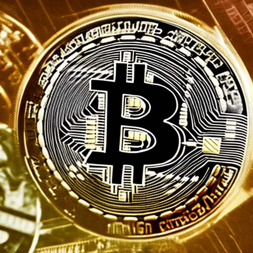 AI generated: rotated bitcoin at an angle in blockchain tech space, mysterious, inspirational, realistic