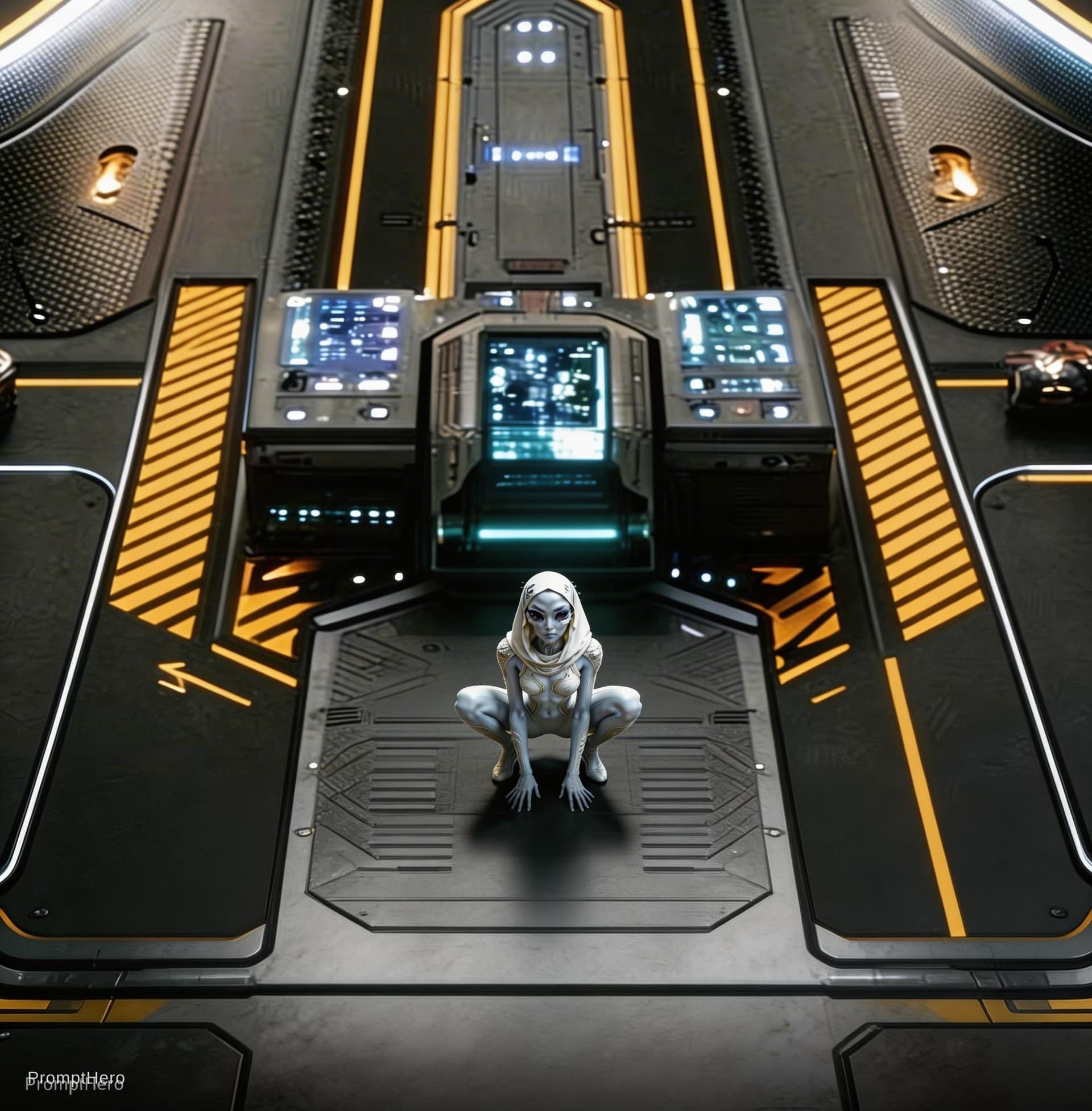 AI generated: Sci-Fi Cinematic Scene. Decrease the character's size by 50%. Show the character in reference image ...