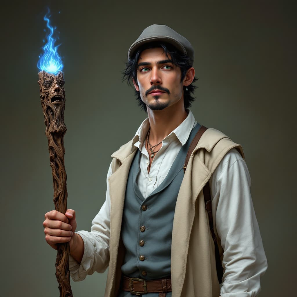 AI generated: A lean man in his mid-20's. He has Black hair, green eyes and a goatee. He is wearing a white shirt,...
