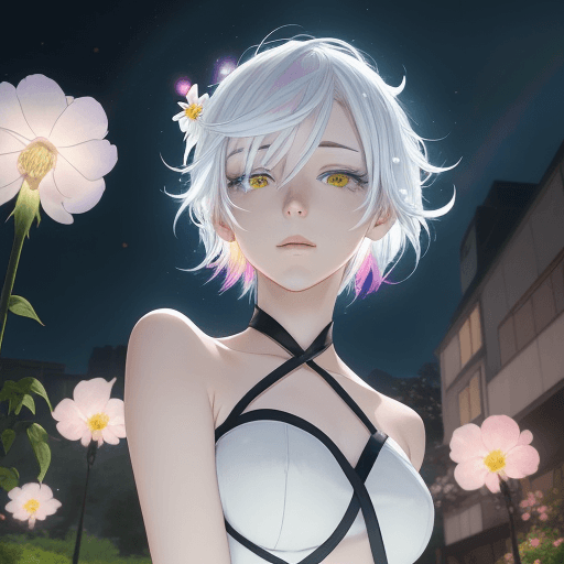AI generated: Tilted frame, a lovely anime character, white hair, rainbow-colored petals, mingling with the beauty...