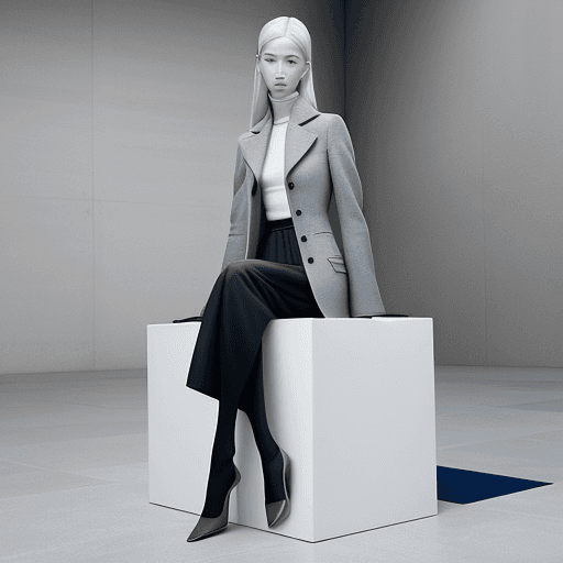 AI generated: a woman sitting on top of a white cube, official jil sander editorial, blue and grey tones, trending...