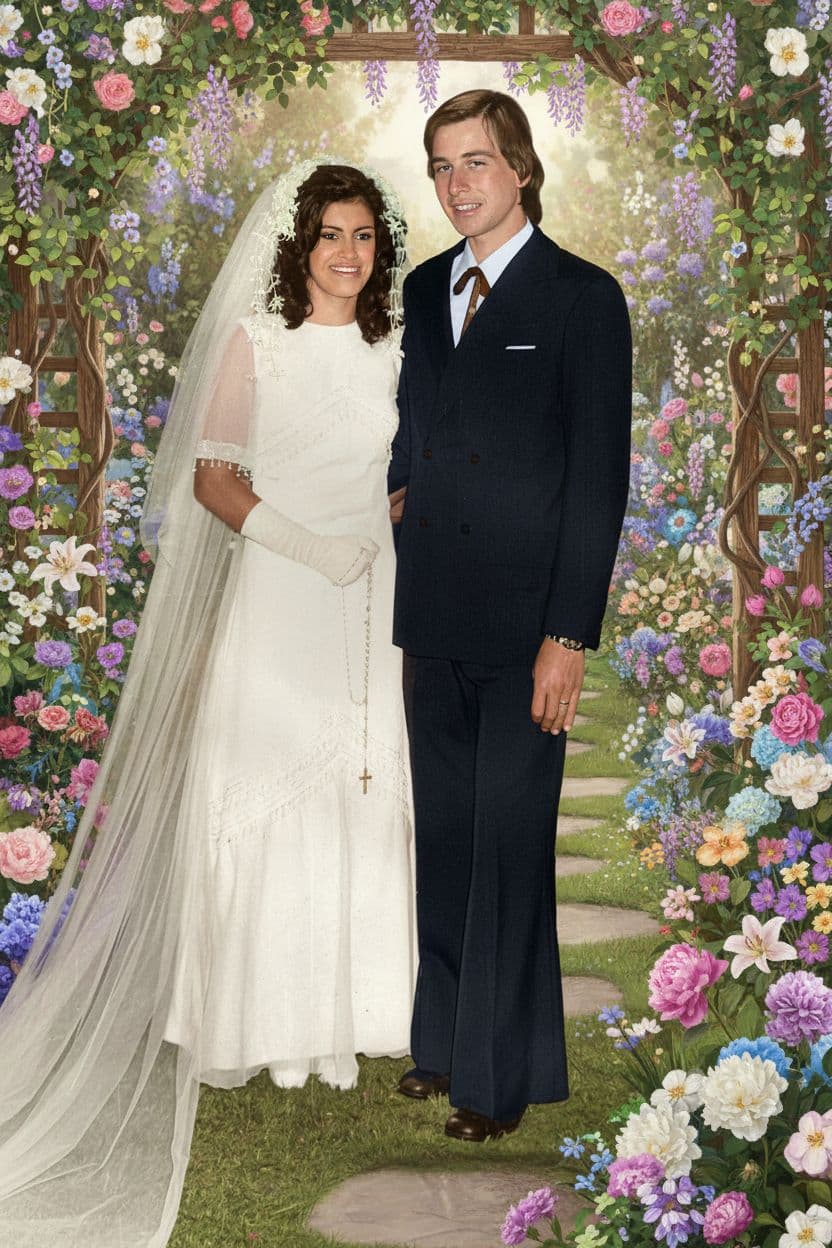 AI generated: poner los novios en un jardin de ensueño, florido,respetando las personas

