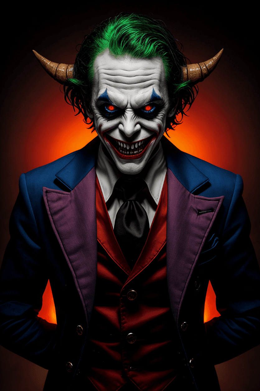 AI generated:  demon Joker with glowing eyes
