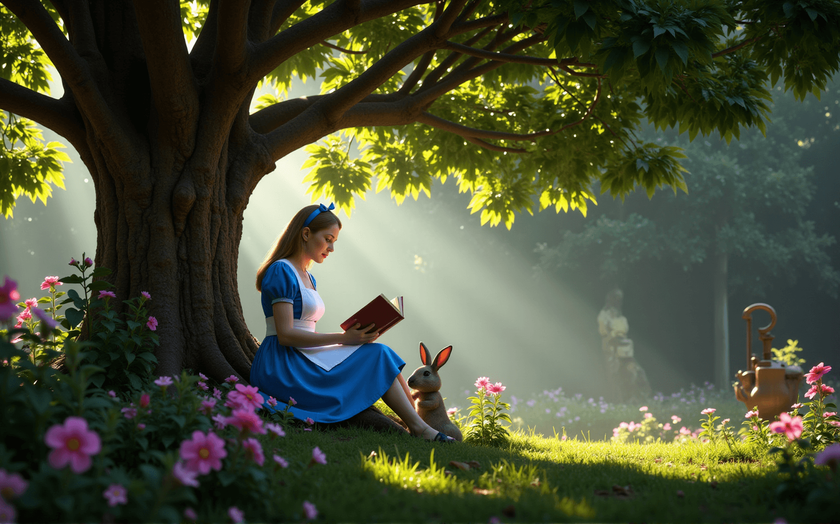 AI generated: a vibrant, ultra-hyper realistic scene inspired by 'Alice in Wonderland' where Alice is sitting unde...
