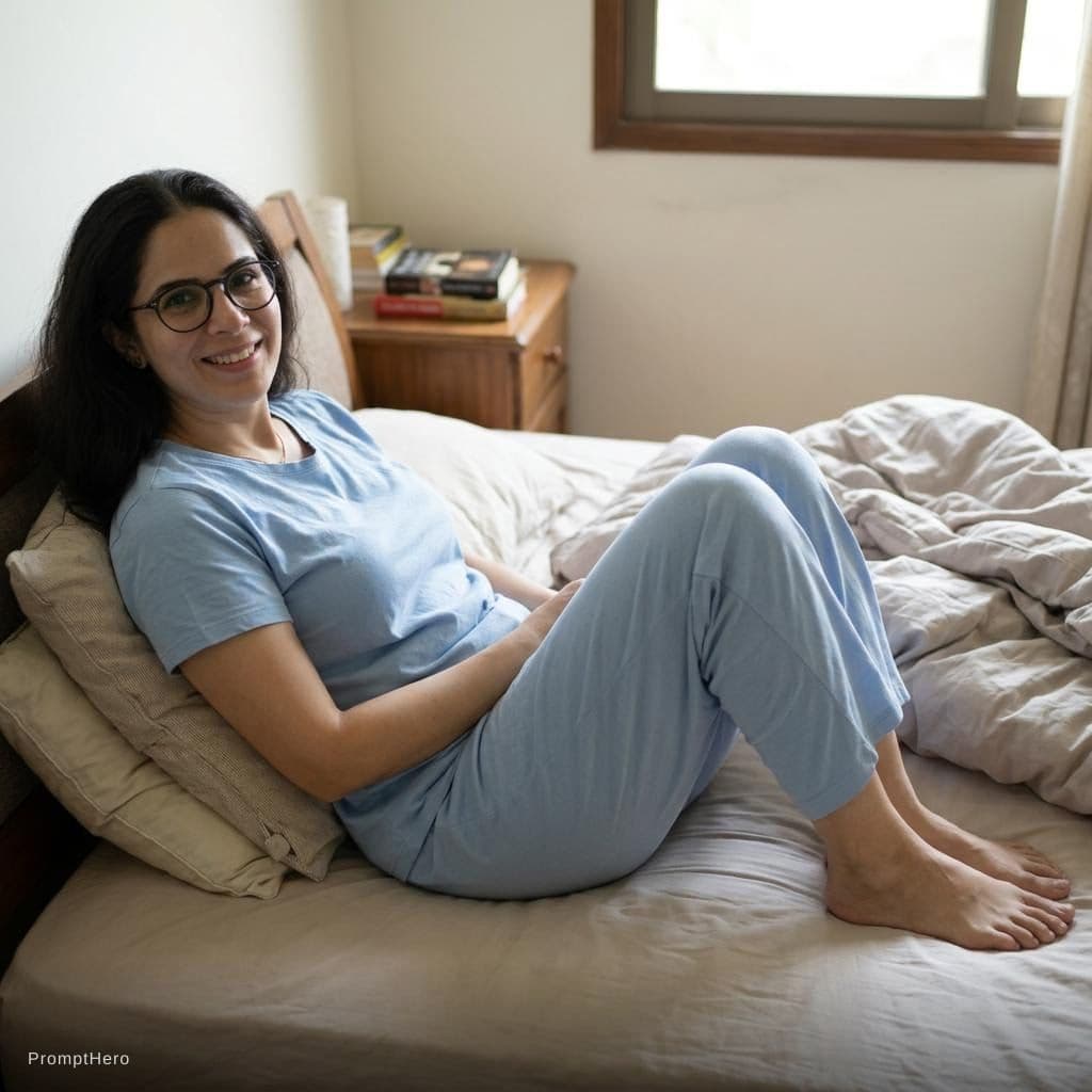 AI generated: Change her dress into t shirt and make her laying on the bed 