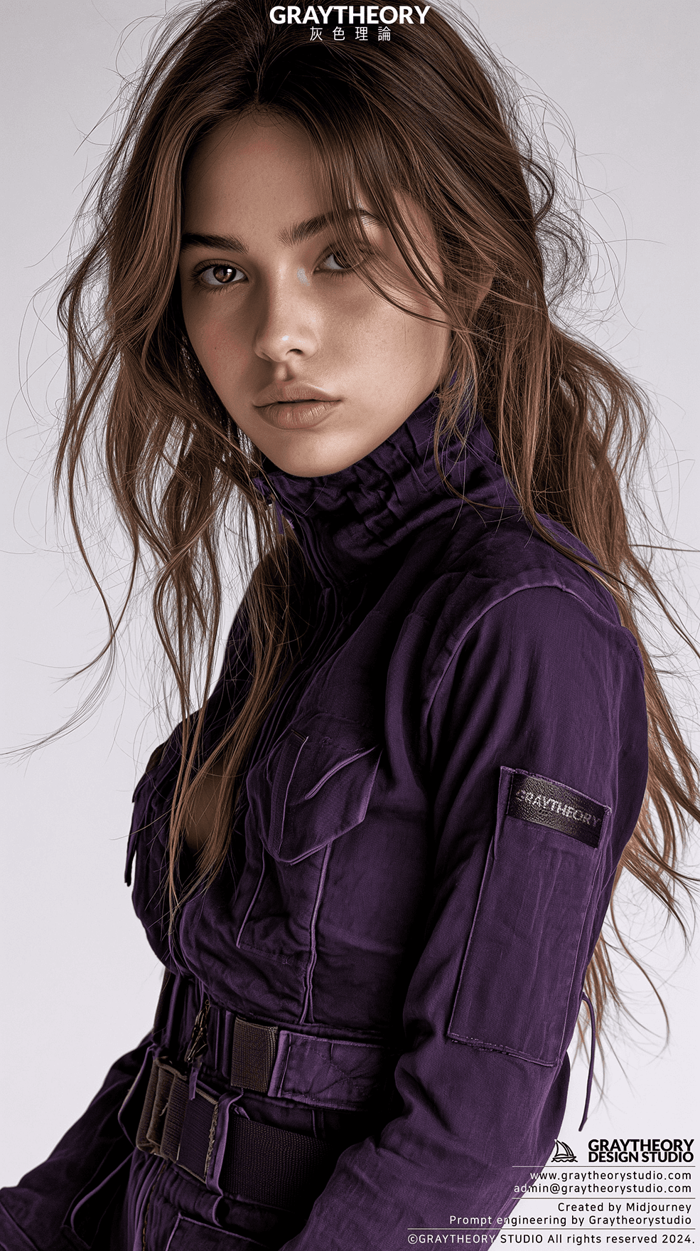 AI generated: Photograph, woman, model, minimalist millitary, purple, stylish hair, gaze, solid white environment,...