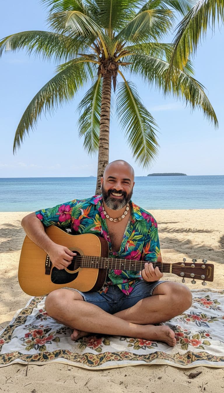 AI generated: (Chilled-out Musician):
Subject: A  late-20s man. Clothing: Loose, open-collared Hawaiian shirt wit...