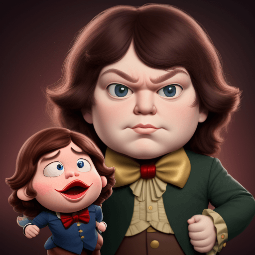AI generated: Javier Milei, Fat, double chin, with rose rounde cheeks angry as a Pinocchio Puppet, 