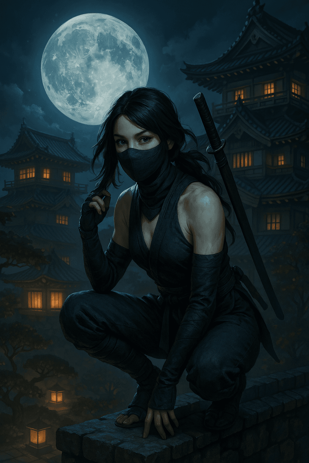 AI generated: a close up digital fantasy artwork featuring female ninja character squatting high on a japanese cas...