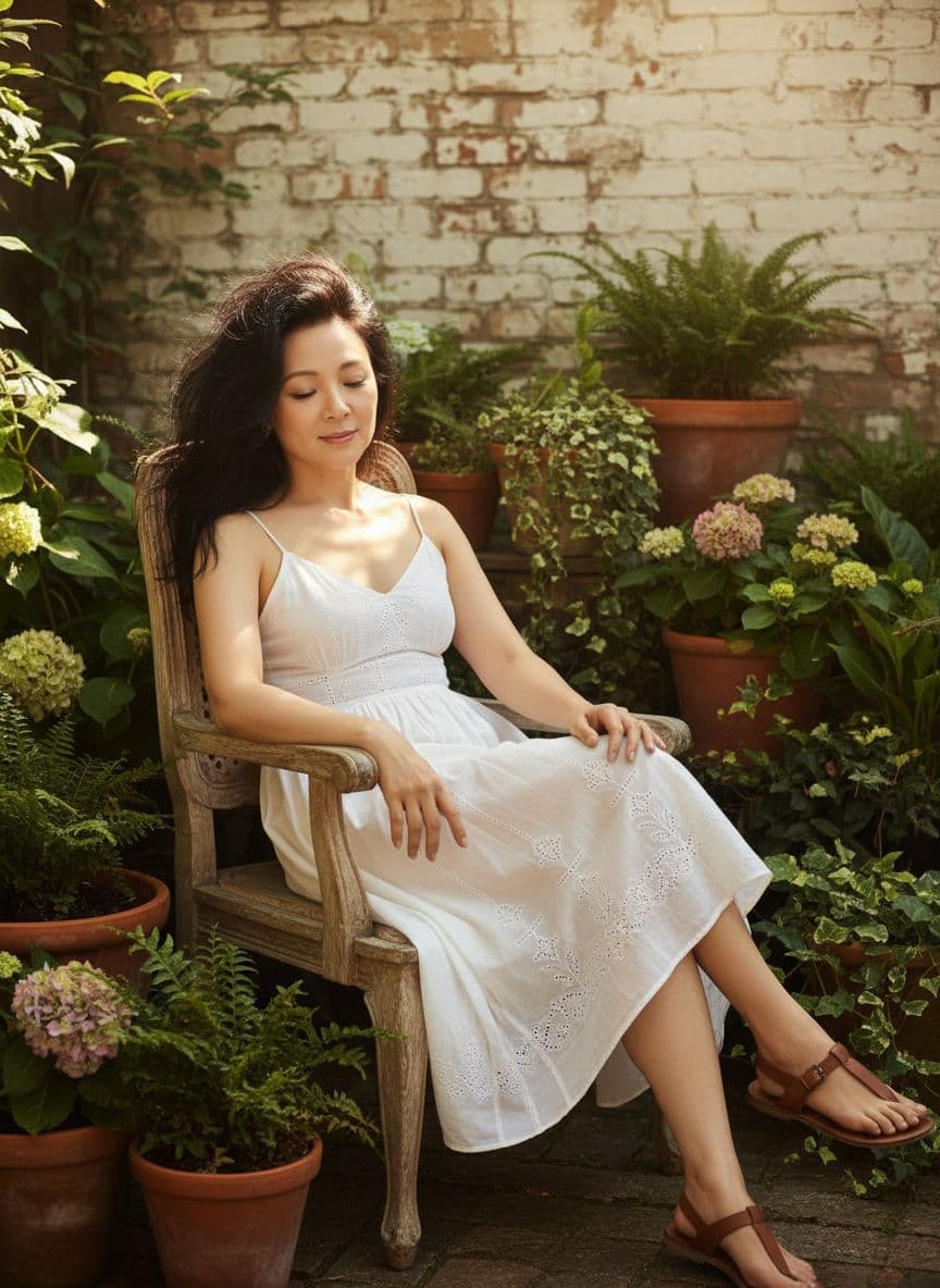AI generated: A candid, low-angle shot of the uploaded woman with messy hair, wearing a white sundress and strappy...