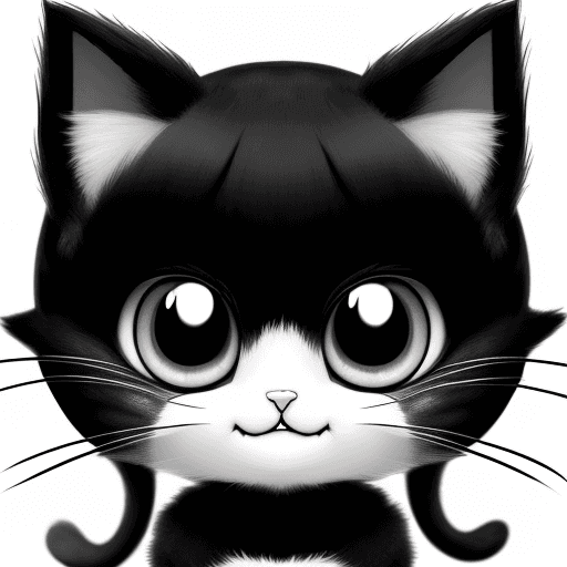 AI generated: Cute cartoon cat, smiling, big eyes, anime,{{{{{{black and white style}}}}}},no color