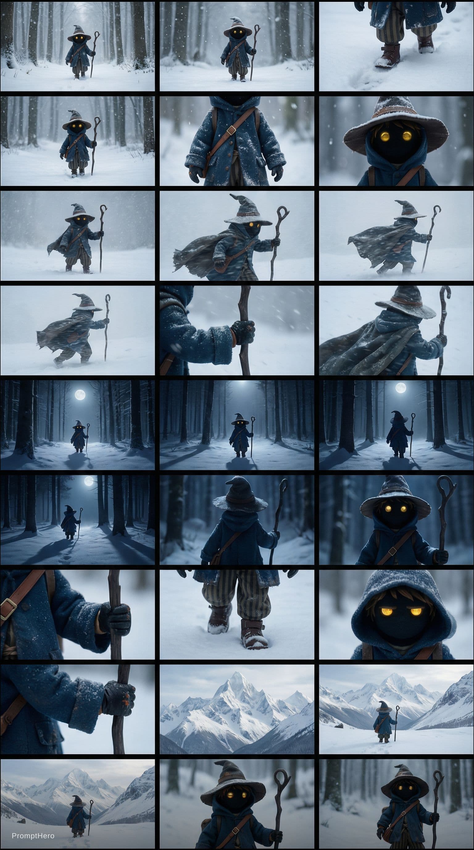 AI generated: 5 different 3x3 grid multi frame cinematic storyboard sheets of the exact same small hooded forest w...
