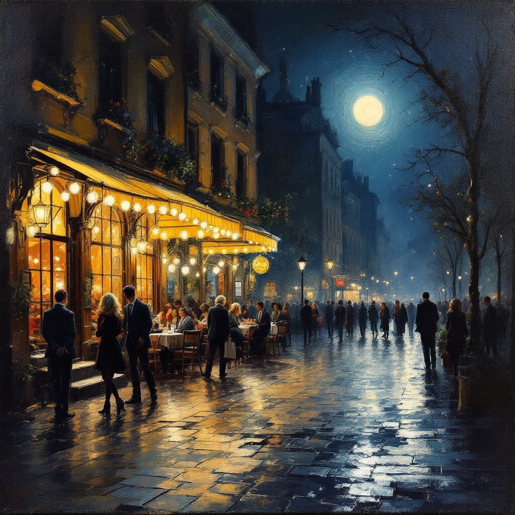 AI generated: oil painting of night street with cafe in the style of Sargent, lights, people walking around, brigh...