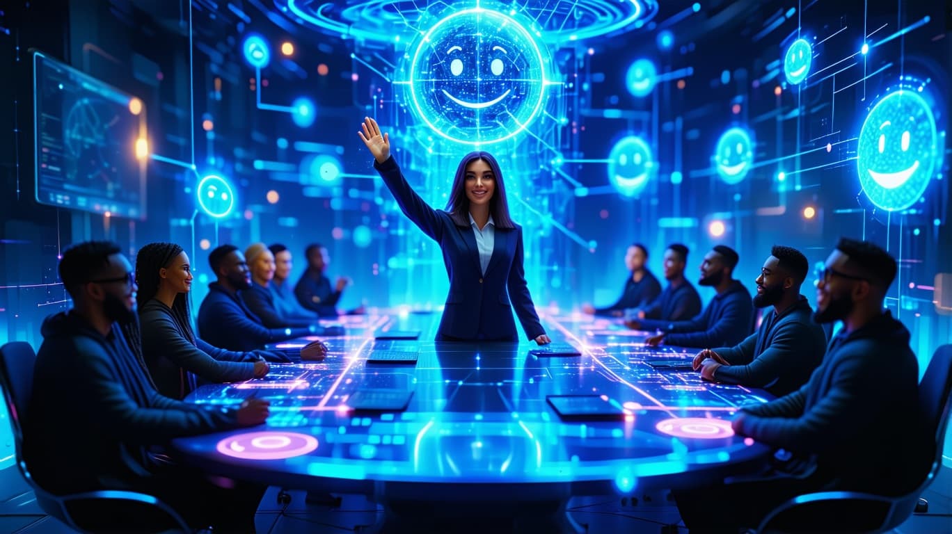 AI generated: /imagine prompt: Floating digital roundtable in cyberspace, 12 avatar participants with real-time em...