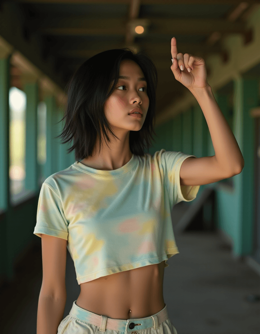 AI generated: High fashion photo medium shot of a young asian female supermodel, slim, small breast, flat chest, t...