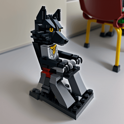 AI generated: a  wolf sit on classroomchair all parts will be created by lego full body