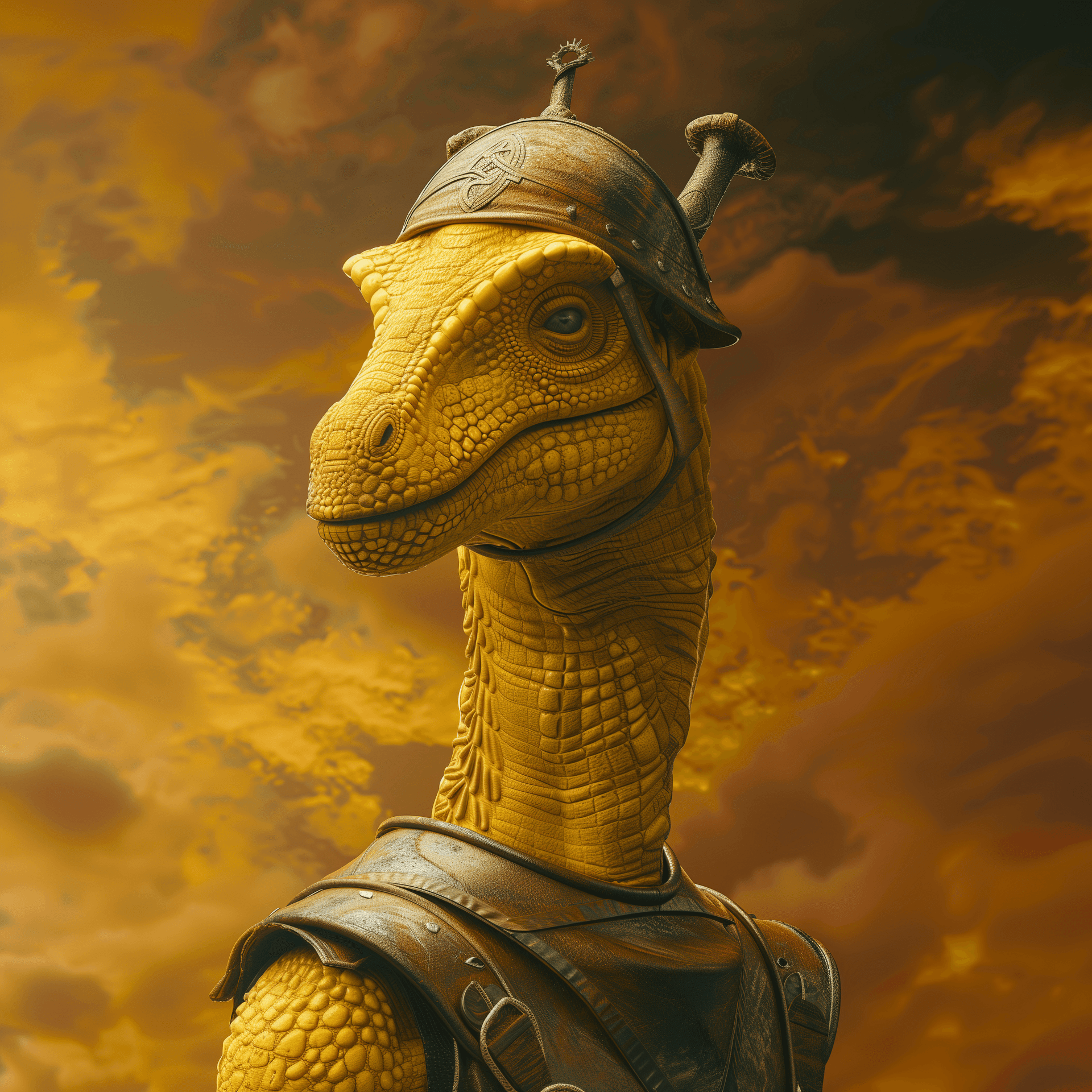 AI generated: yellow dinosaur wearing mid european ancient helmet and armour, war background, 8k, 3d render, in th...