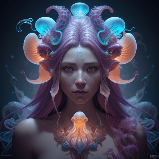 AI generated: Goddess close-up portrait ribcagel. jellyfish phoenix head, nautilus, orchid, skull, betta fish, bio...