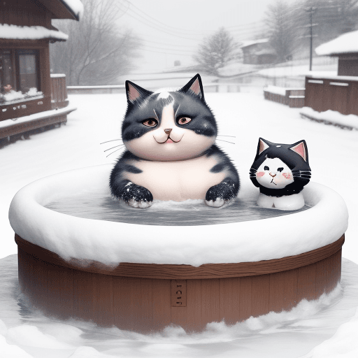 AI generated: Real adorable chubby cat with tattoos, enjoying snowy weather, sippingsake, soaking in a hot spring,...