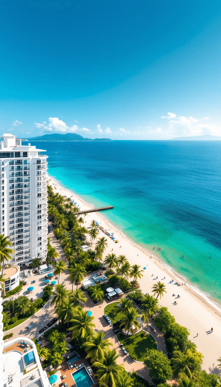 AI generated: An aerial view of a tropical seaside promenade with bright white apartment buildings surrounded by l...