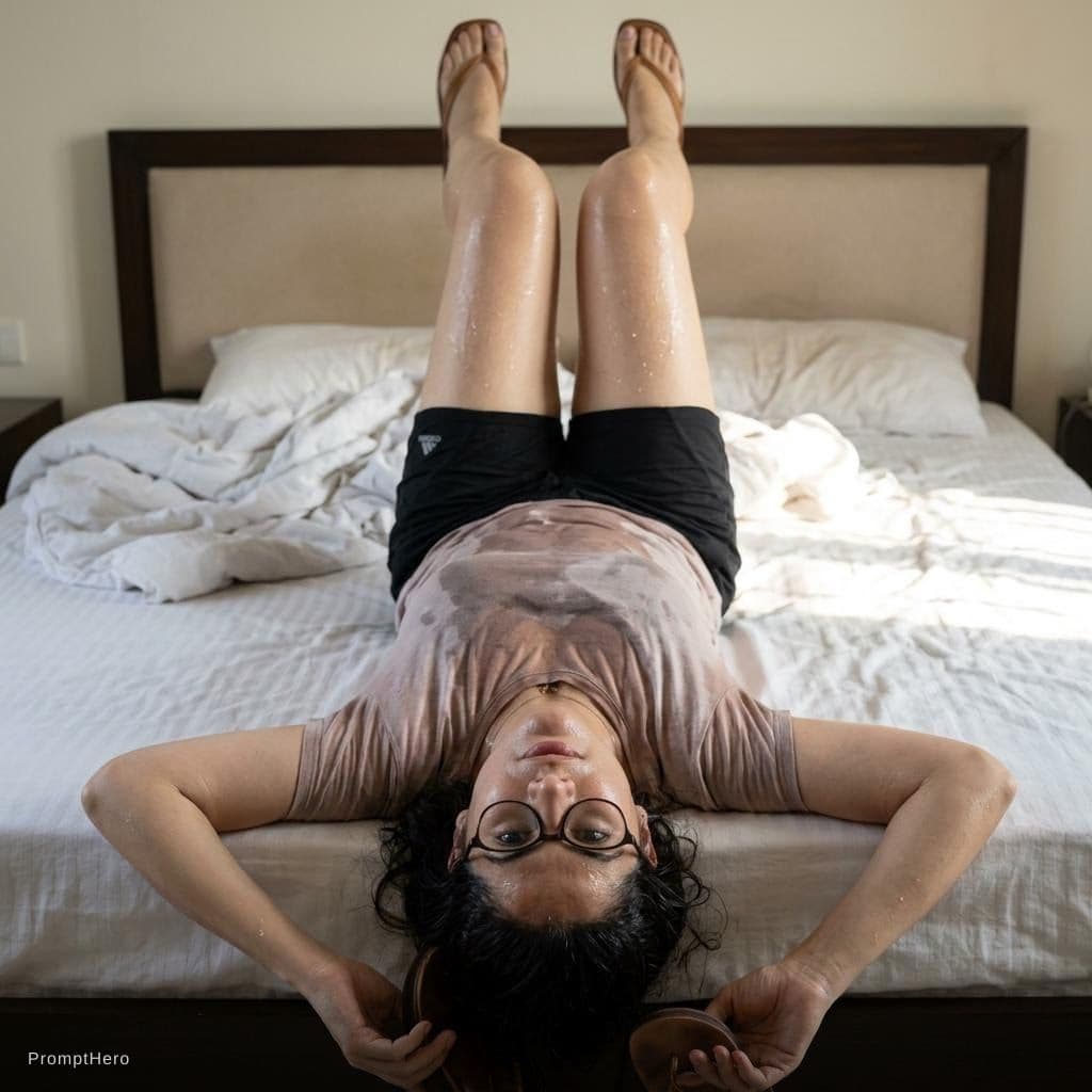 AI generated: Wear her shorts and she’s laying upside down on bed, she is sweating 