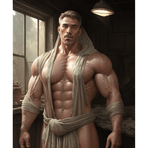 AI generated: Man wrapped in old dirty cloth, wide angle, ((detailed environment)), muscular, handsome, detailed b...