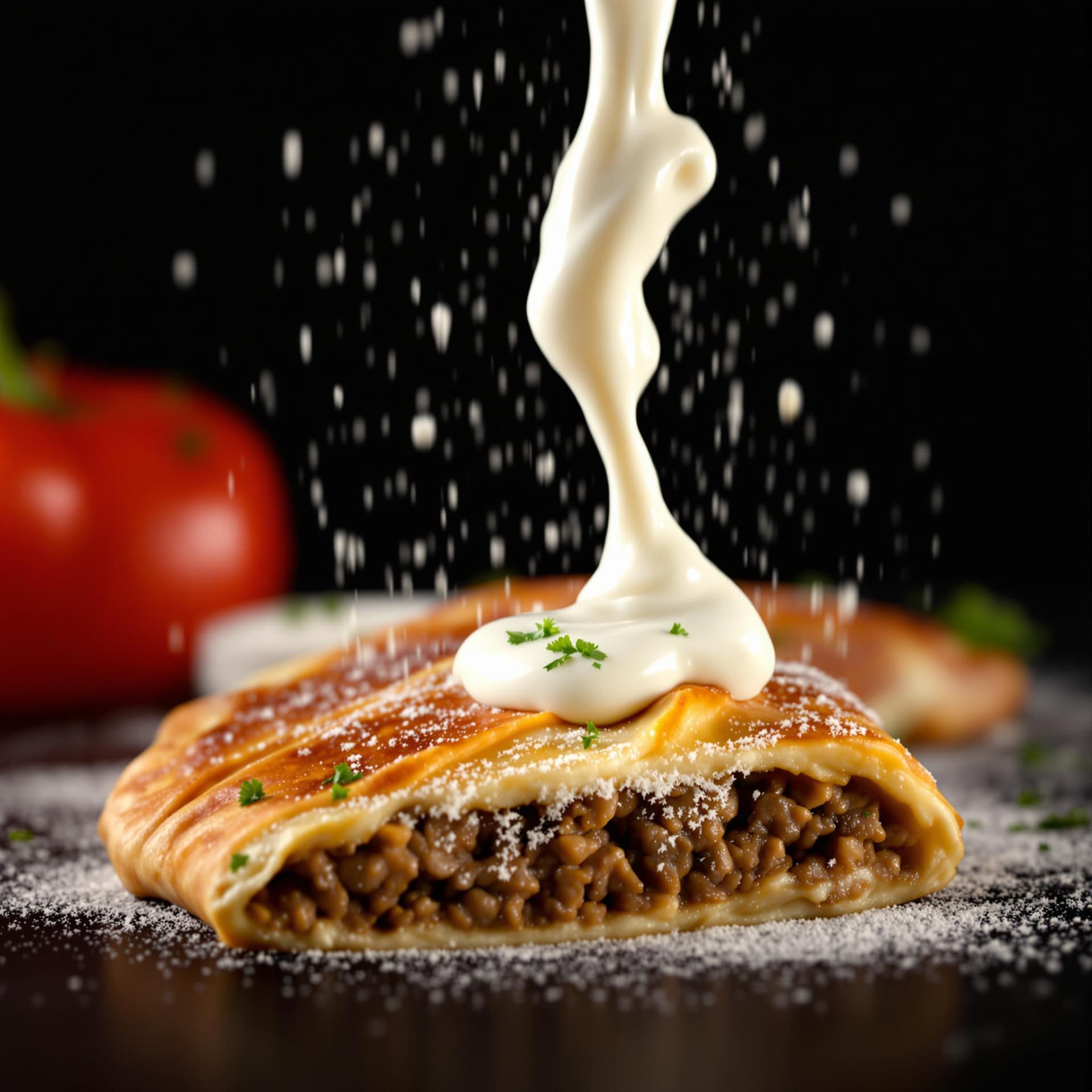 AI generated: A close-up of a burek with a minced meat. Sour cream captured mid-air, falling onto the burek. The b...